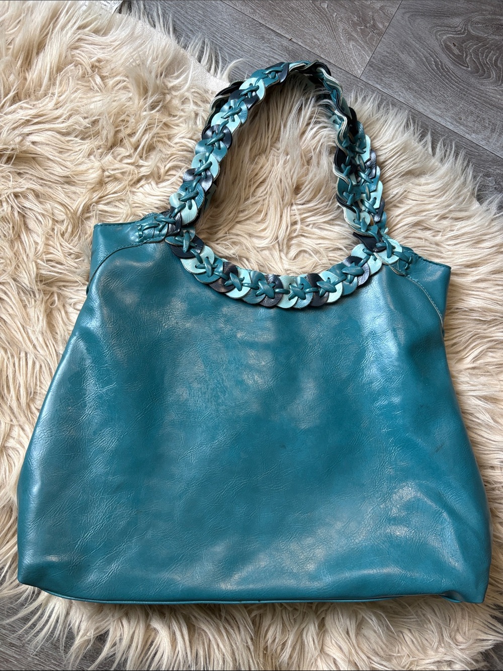 Teal Vegan Leather Tote Bag with Braided Handle